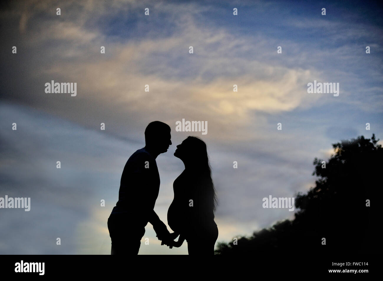 Ein junger Mann und seine schwangere Frau bei Sonnenuntergang. Silhouetten Stockfoto