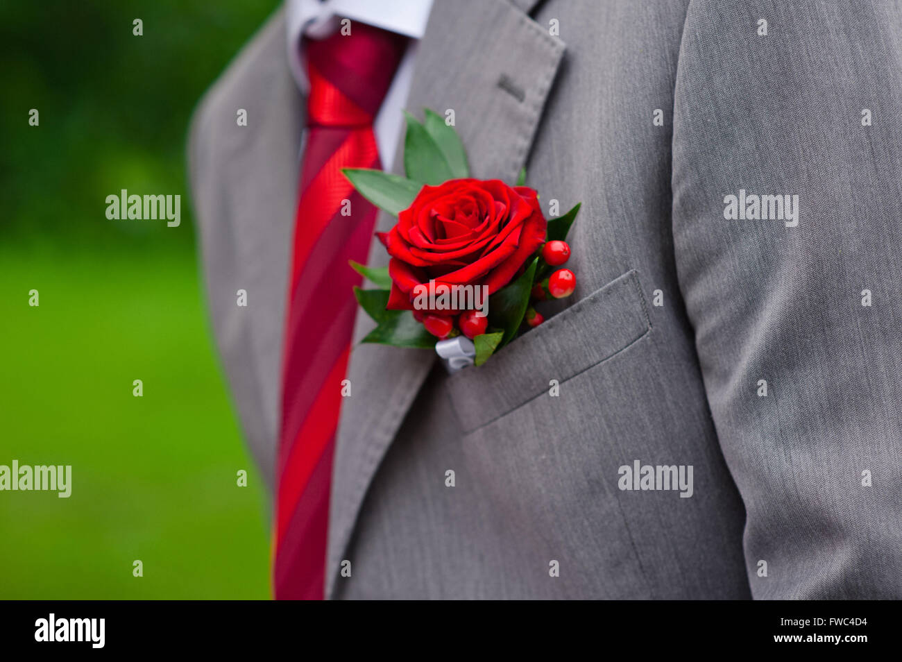 Red Rose Boutonniere auf grauen Anzug Stockfoto