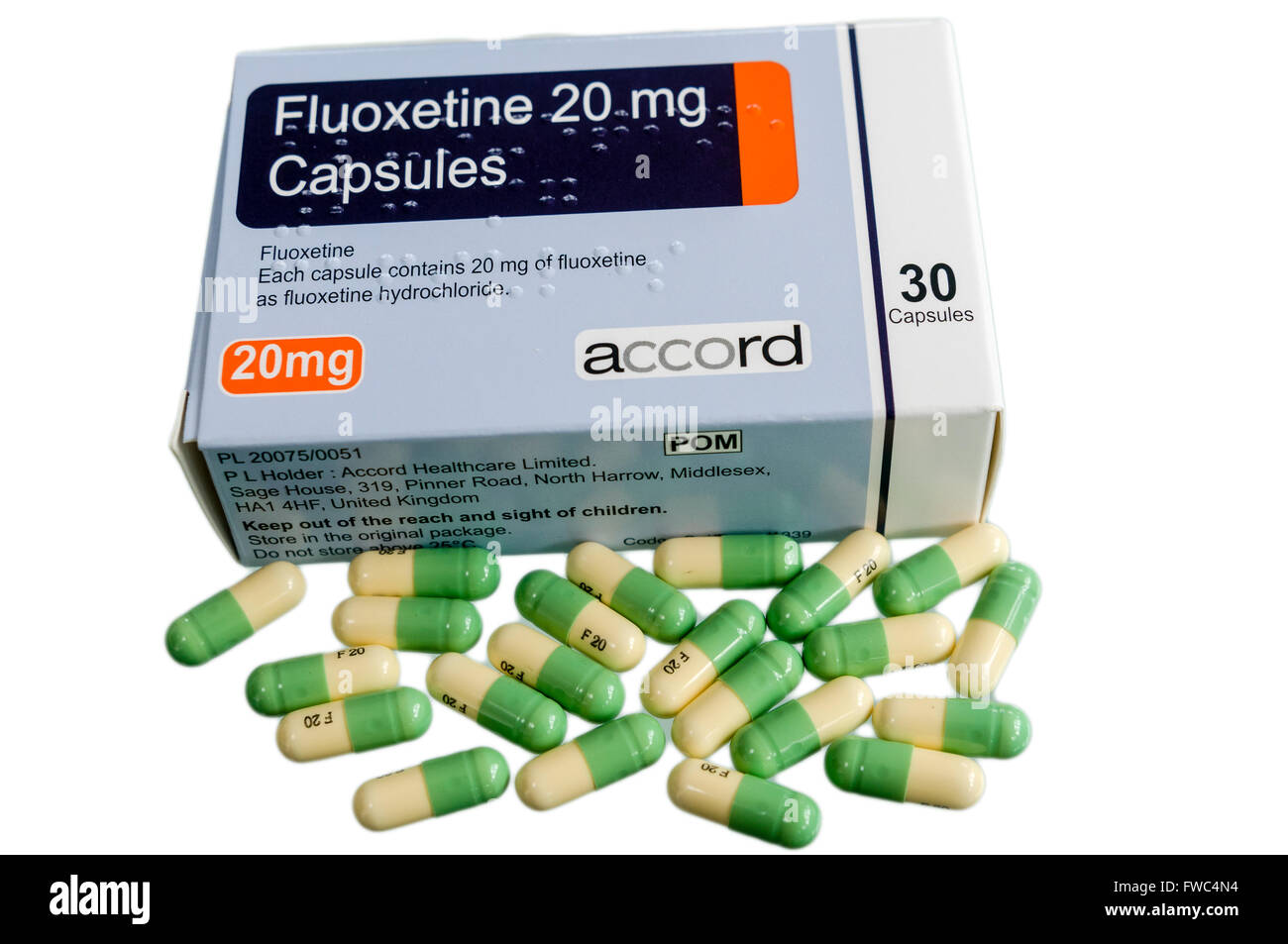 Eine Schachtel mit Fluoxetin 20mg Kapseln, mit SSRI Antidepressiva Fluoxetin Hydrochlorid Stockfoto