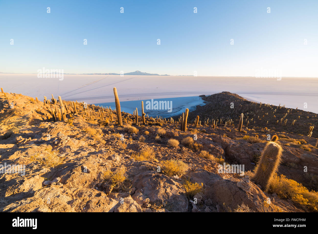 Weitwinkel-Blick auf die Uyuni Salz flach, unter das wichtigste Reiseziel in Bolivien. Schuss getroffen bei Sonnenaufgang aus dem s Stockfoto