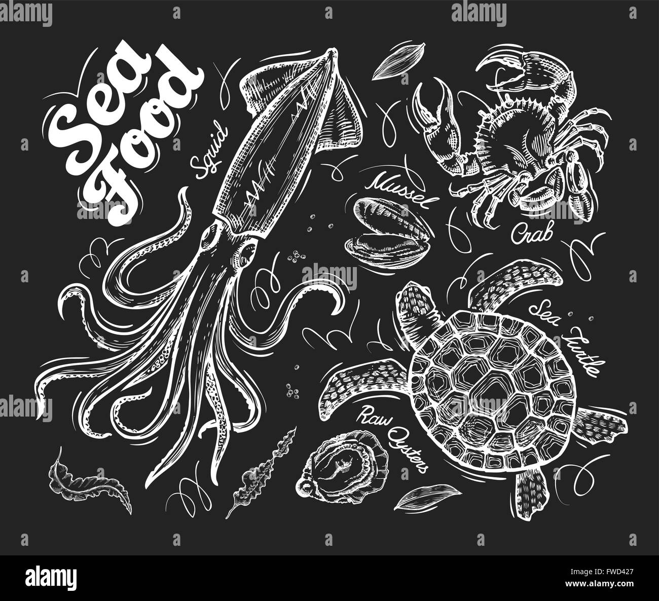 Fisch und Meeresfrüchte. Gezeichnete Vektor Handskizze von einer Schildkröte, Krabben, Muschel, Austern, Tintenfisch Stock Vektor