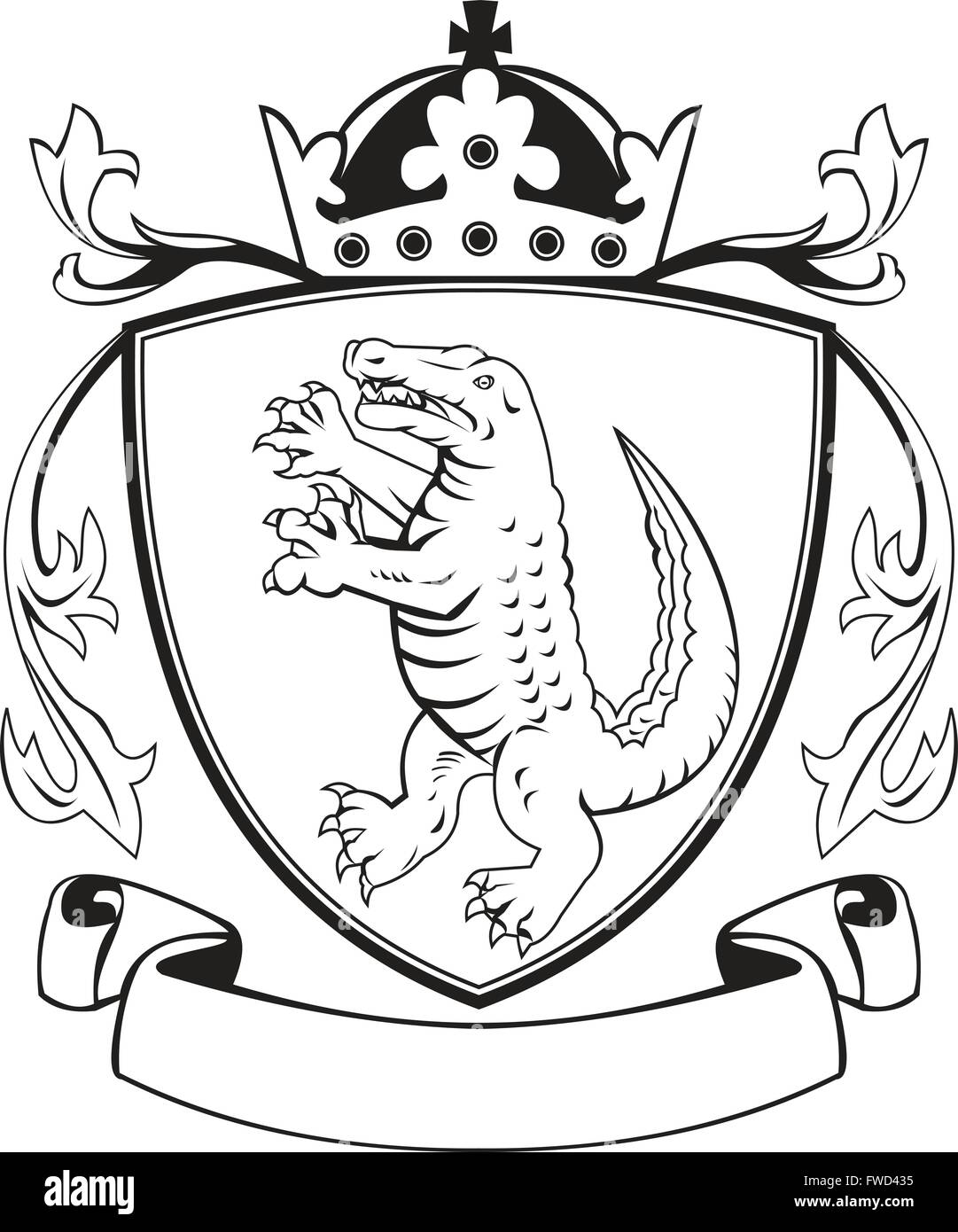 Schwarz und weiß Abbildung des Wappens ein angry Alligator Krokodil steht betrachtet von Seite setzen innen Wappen Schild mit Krone auf Ober- und Blatt Band getan im retro-Stil auf isolierte Hintergrund. Stock Vektor