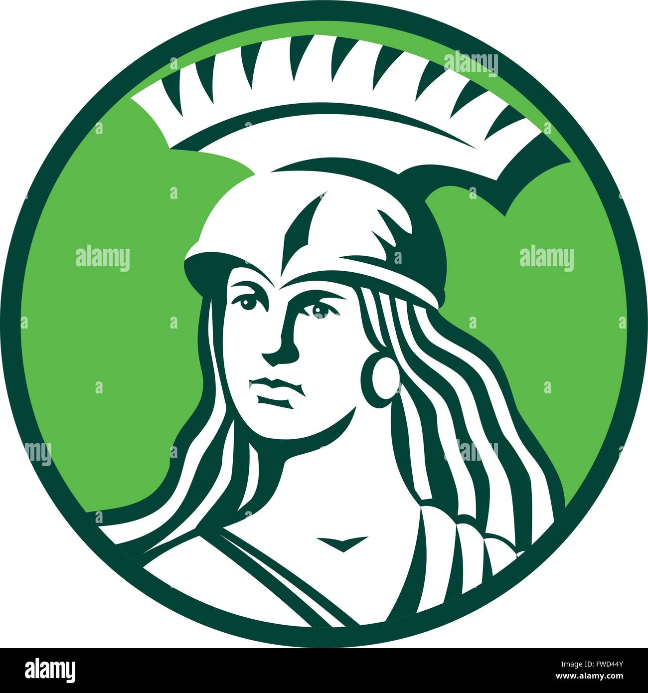 Abbildung einer Büste des weiblichen Krieger mit spartan Helm suchen auf Seite im inneren Kreis im retro-Stil gemacht. Stock Vektor