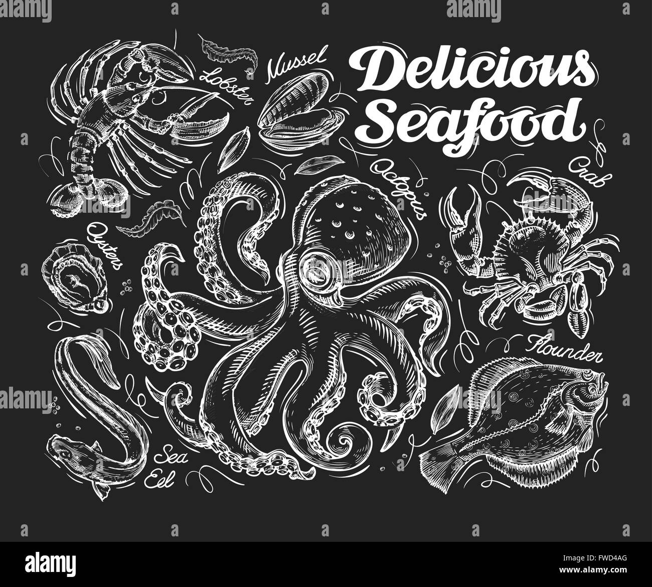 Köstliche Meeresfrüchte. Hand gezeichnete Skizze Tintenfisch, Krabben, Fische, Flunder, Aal, Austern, Muscheln, Hummer. Vektor-illustration Stock Vektor