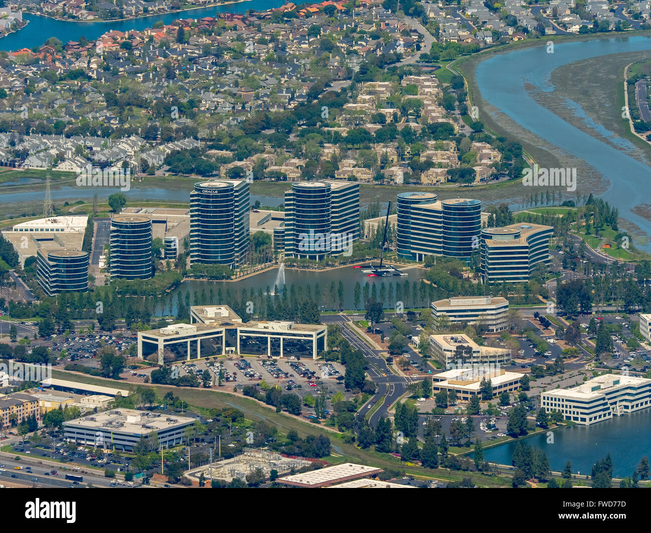 Oracle Hauptsitz in Redwood Shores, Silicon Valley, Kalifornien, Vereinigte Staaten von Amerika, Santa Clara, Kalifornien, Antenne Stockfoto