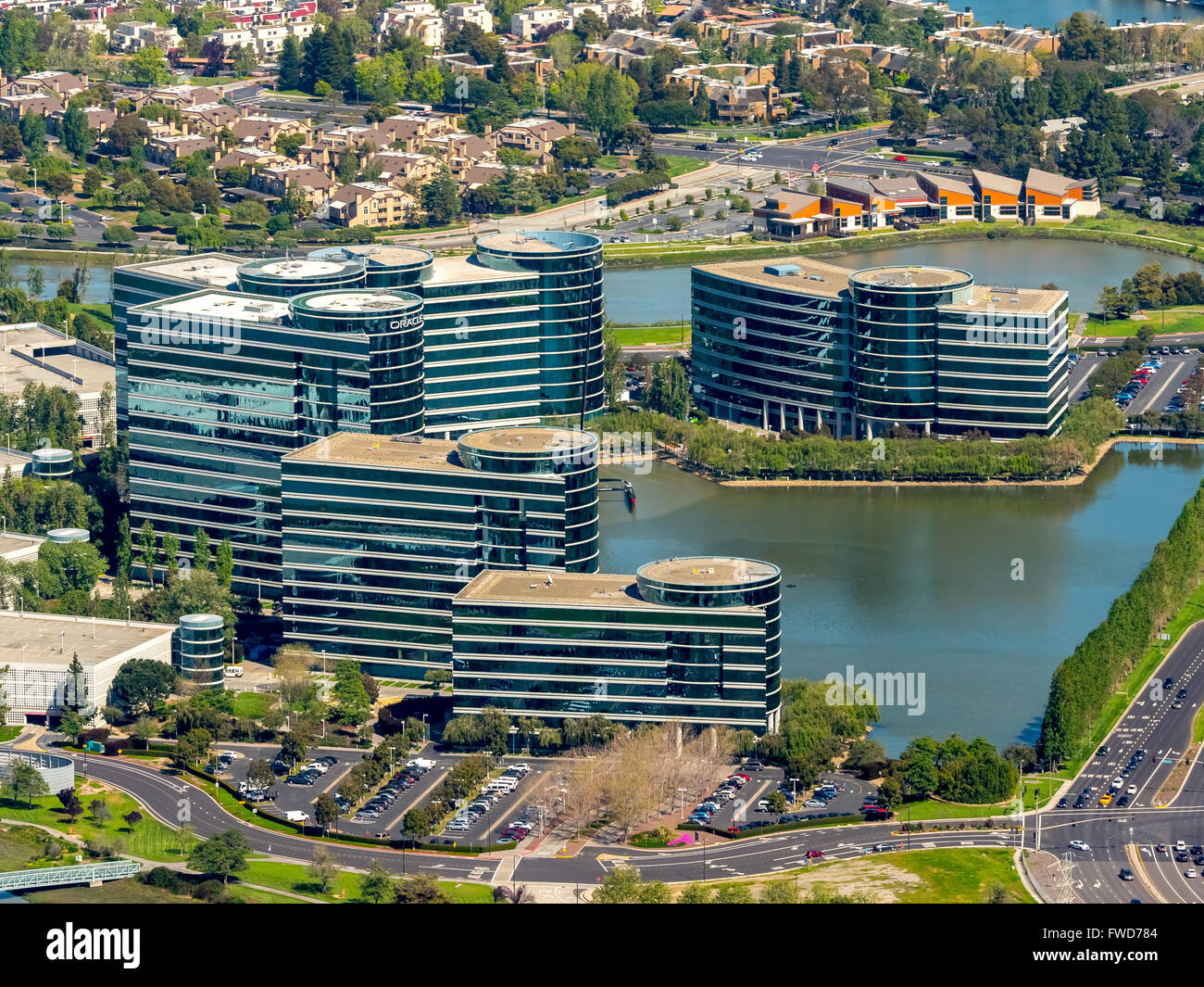 Oracle Hauptsitz in Redwood Shores, Silicon Valley, Kalifornien, Vereinigte Staaten von Amerika, Santa Clara, Kalifornien, Antenne Stockfoto