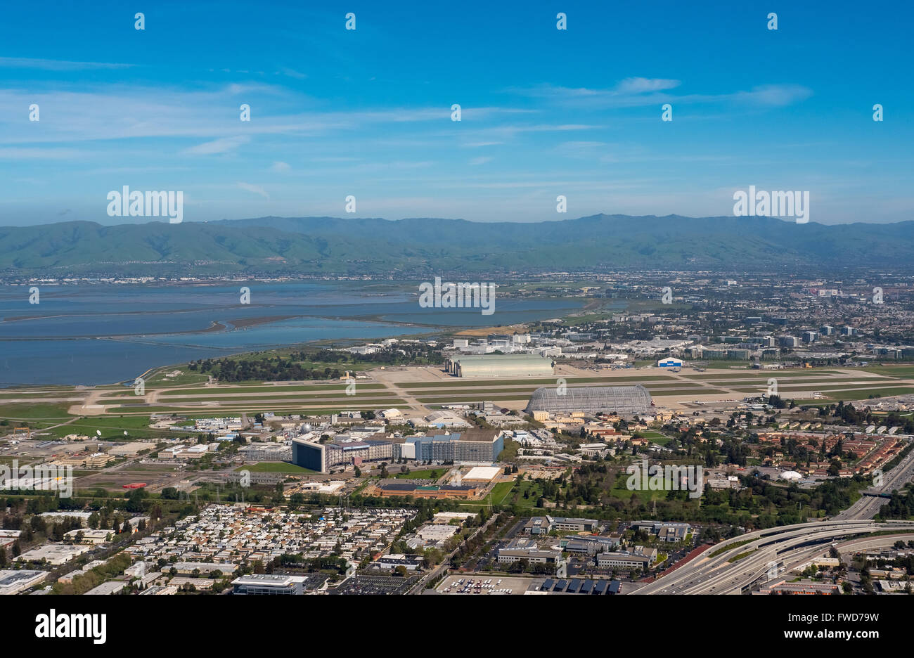 NASA, Luftaufnahme Moffett Field, Mountain View, Kalifornien, Antenne, Silicon Valley, Vereinigte Staaten von Amerika, Santa Clara, Stockfoto