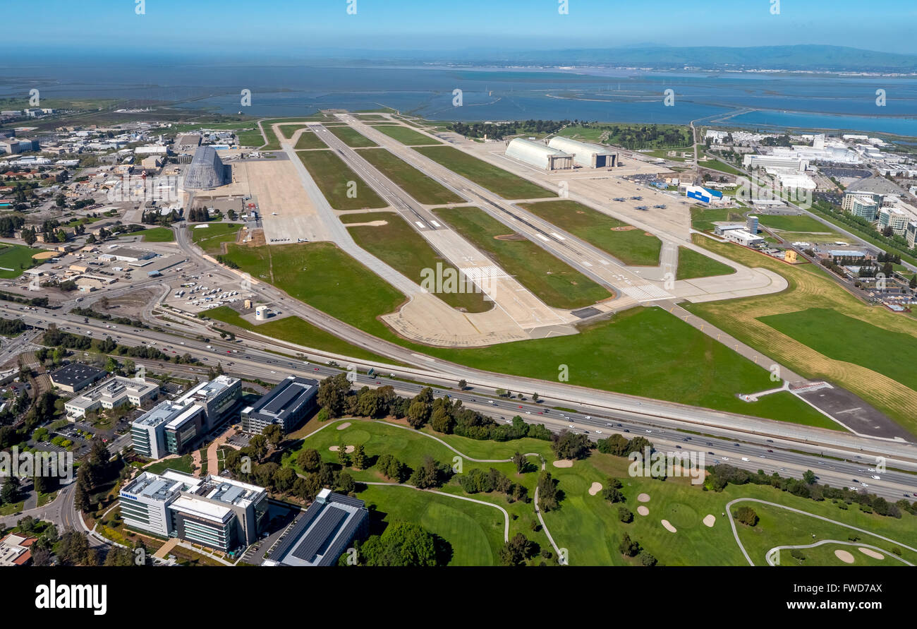 NASA, Luftaufnahme Moffett Field, Mountain View, Kalifornien, Antenne, Silicon Valley, Vereinigte Staaten von Amerika, Santa Clara, Stockfoto