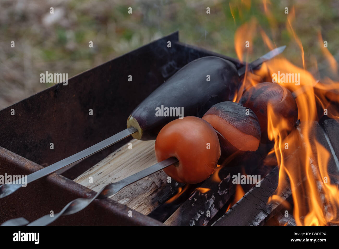 Tomaten und Auberginen auf dem Grill für Vegetarier Stockfoto