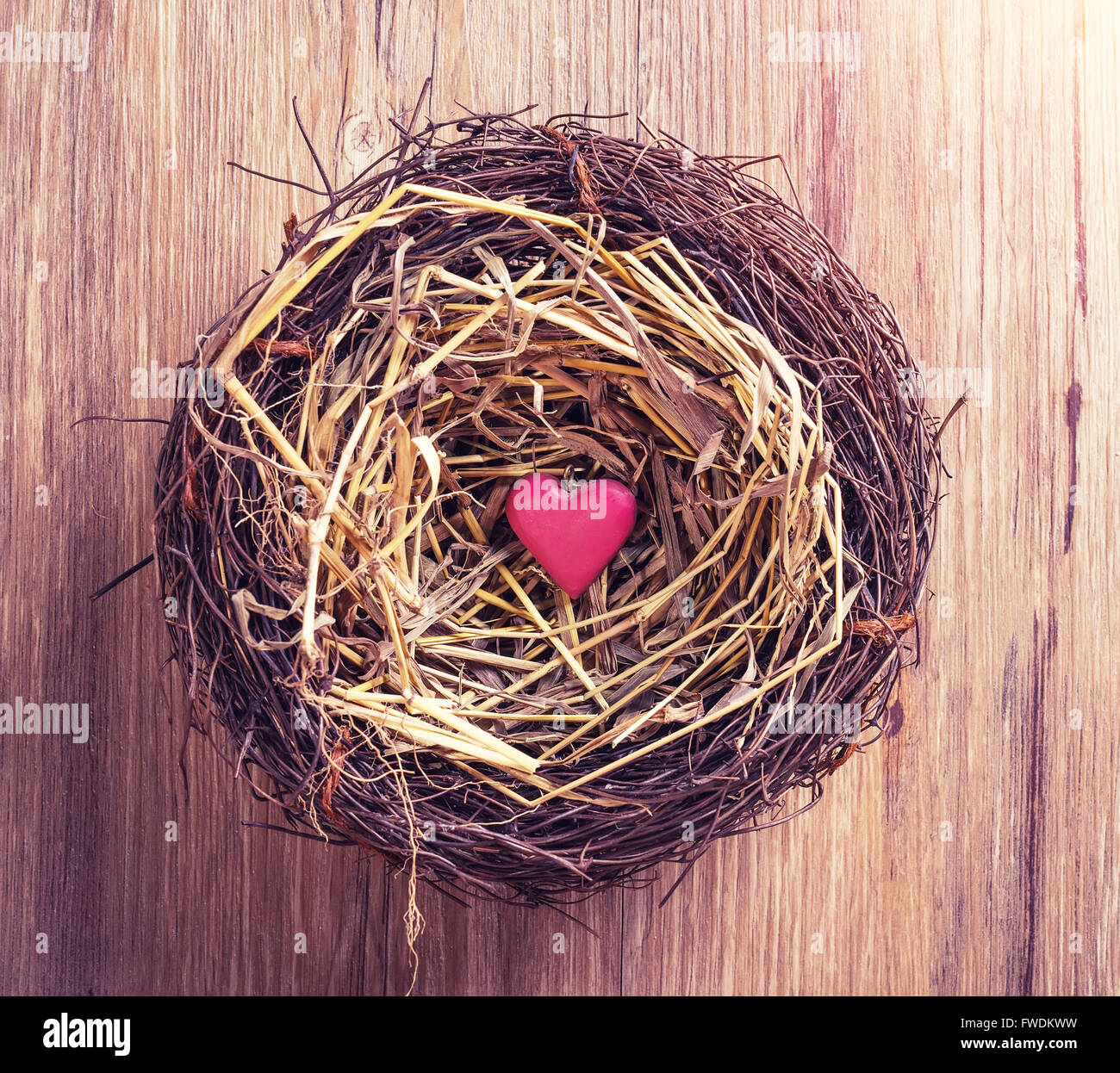 rotes Herz mit Nest auf alten schäbigen hölzernen Hintergrund Stockfoto