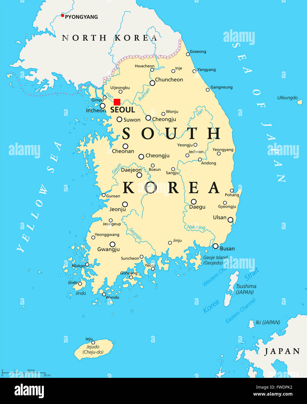 Südkorea politische Karte mit Hauptstadt Seoul, Landesgrenzen, wichtige Städte, Flüsse und Seen. Englische Beschriftung und Skalierung Stockfoto