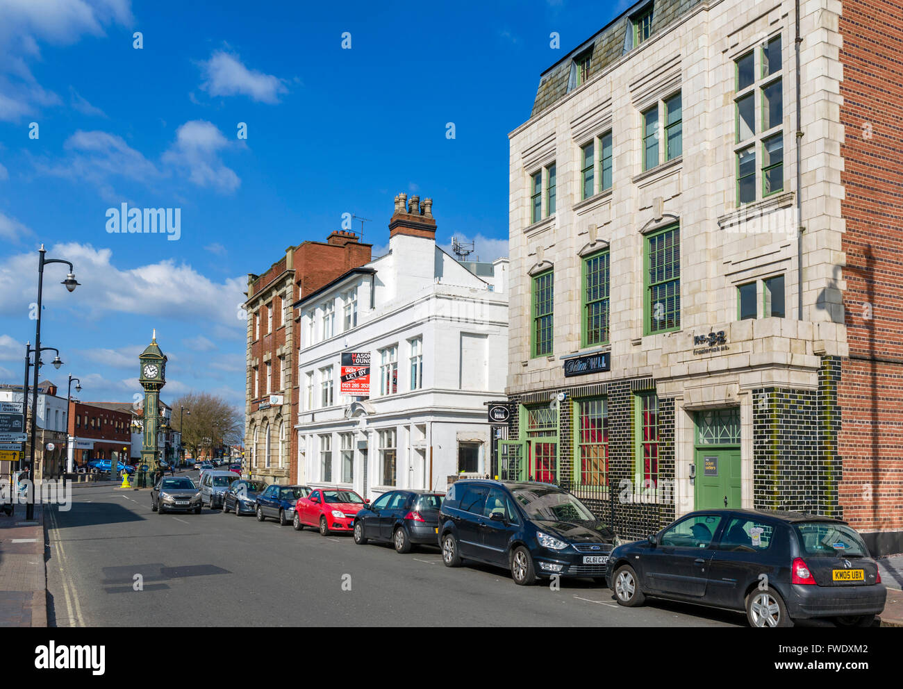 Frederick Street mit Blick auf die Chamberlain Clock, Jewellery Quarter, Birmingham, West Midlands, England, UK Stockfoto