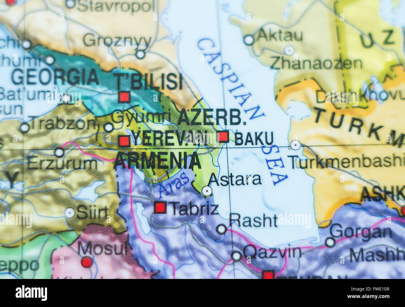 Foto von einer Karte von Aserbaidschan und der Hauptstadt Baku. Stockfoto