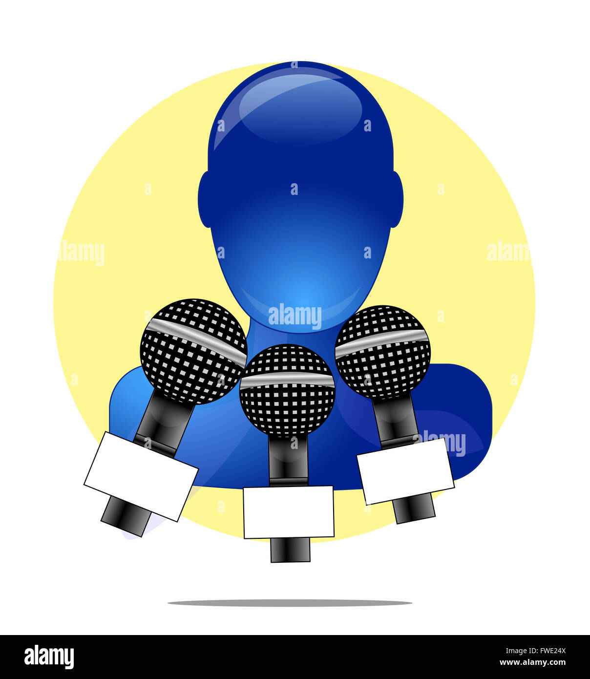 Illustration der blaue Person mit drei Mikrofonen mit gelben Kreis Hintergrund Stockfoto