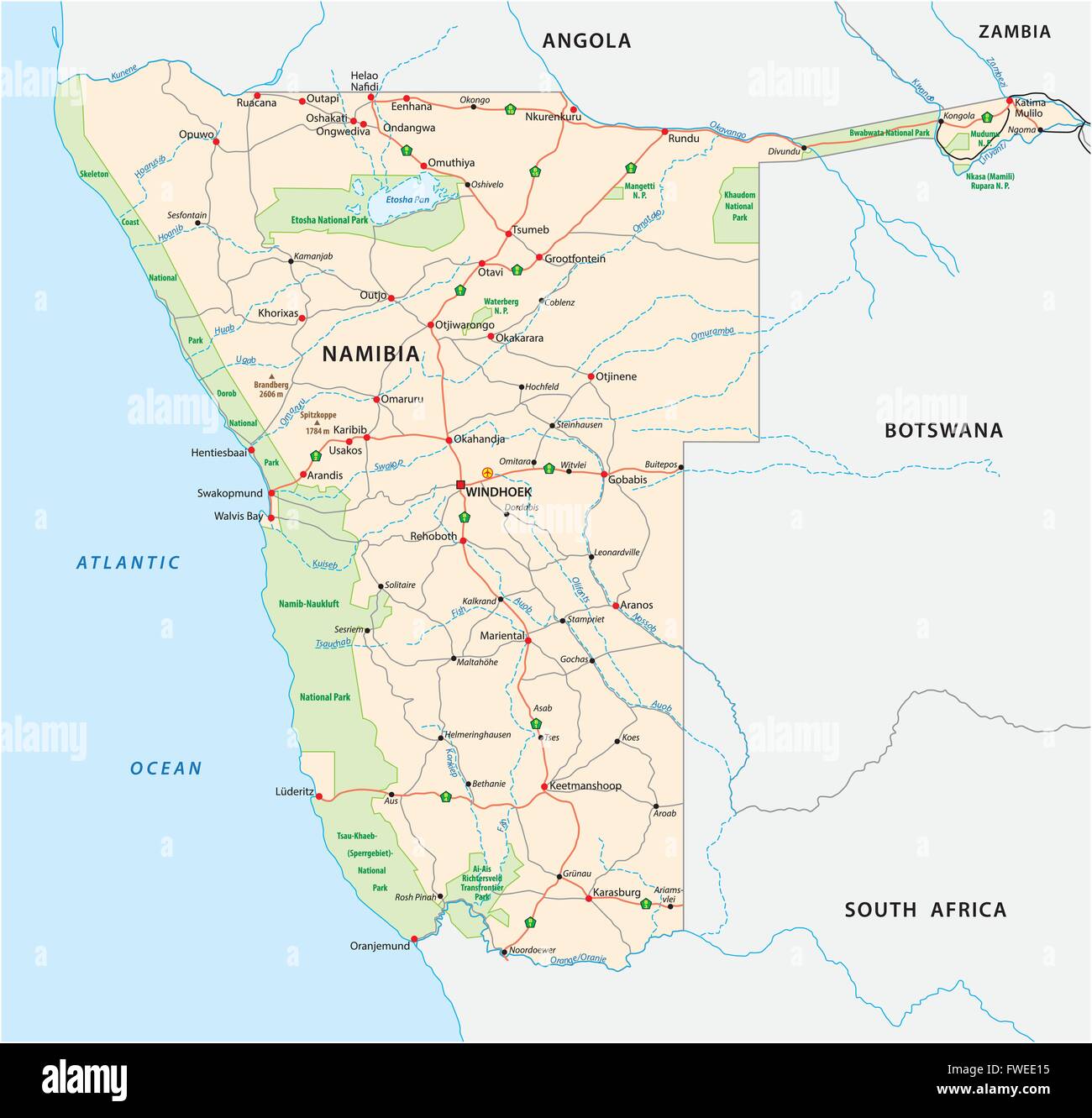 detaillierte Straßen- und Nationalpark Karte von namibia Stock Vektor