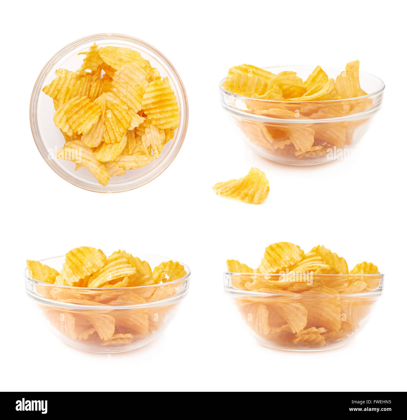 Mehreren Kartoffelchips in eine Glasschüssel Stockfoto