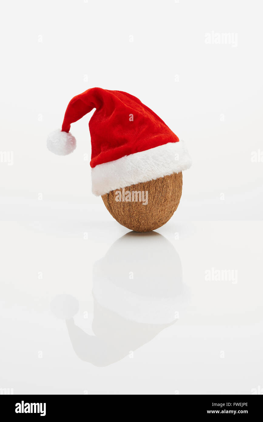 Kokosnuss mit Weihnachtsmütze Stockfoto