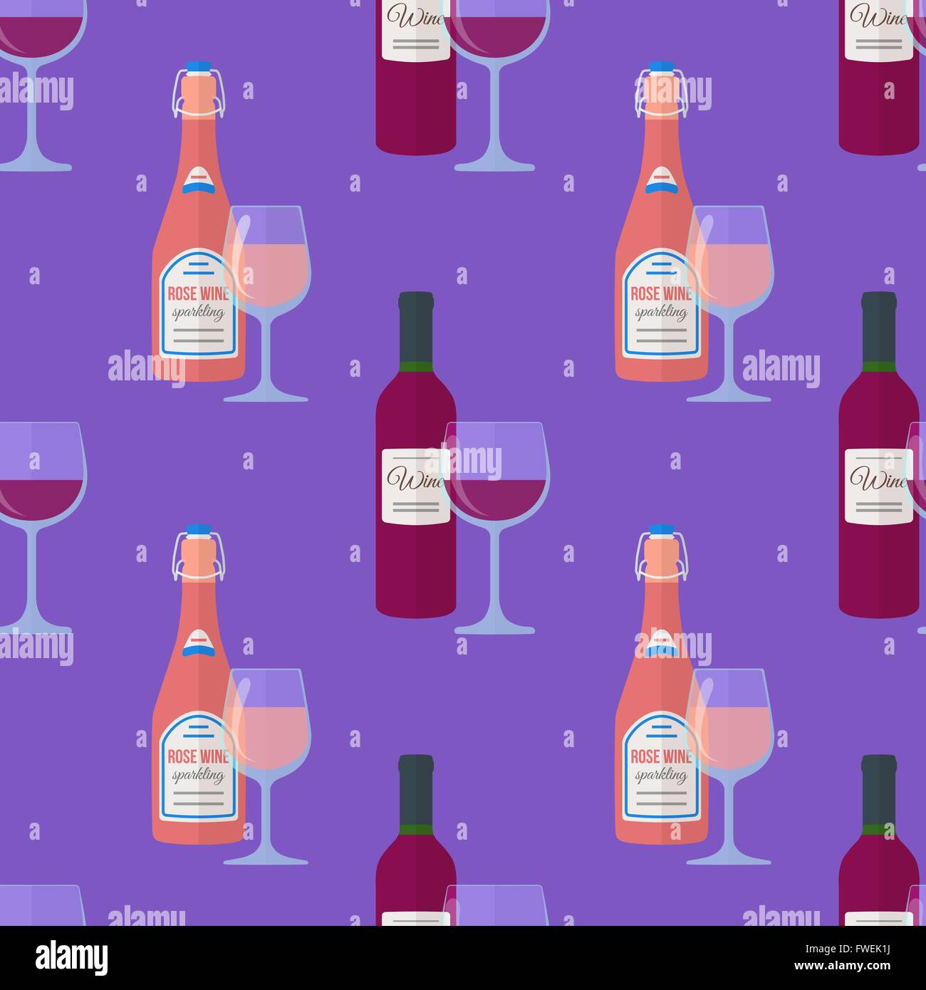 Vektor-farbige flache Design rose spritzig und rote Flaschen Wein Gläser Musterdesign auf violettem Hintergrund Stock Vektor