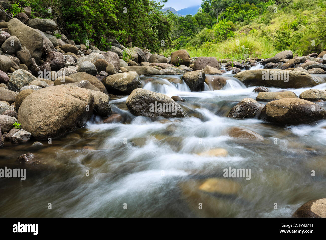 Wasser fließt über den felsigen Flussbett des Tugela River, Drakensberge, KwaZulu Natal, Südafrika Stockfoto