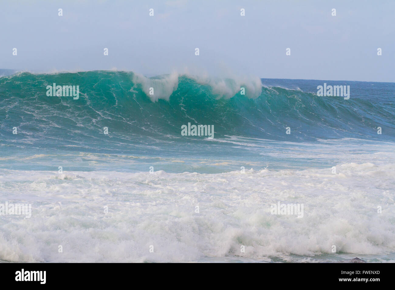 Diese riesigen Wellen mit hohle Fässer brechen die Nordküste von Oahu in Hawaii bei einem großen Sturm. Diese gefährlichen Wellen haben Stockfoto