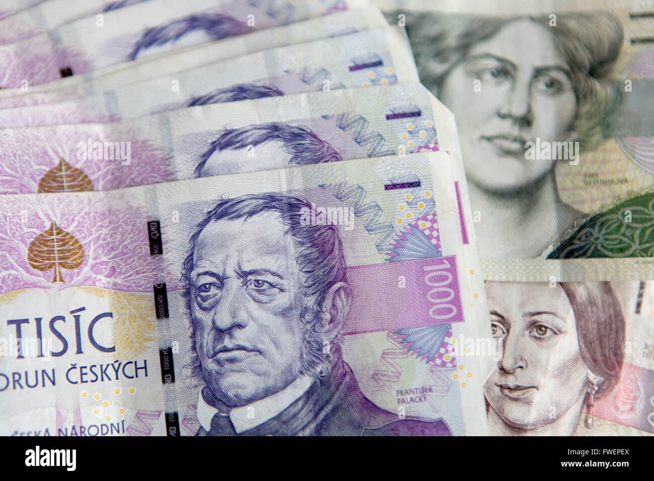 Tschechische Banknoten, tschechisches Papiergeld tschechische Währung Stockfoto