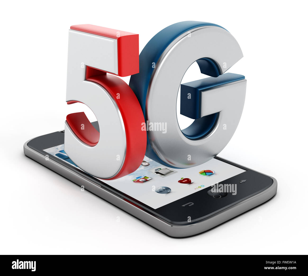 5G Text auf Smartphone isoliert auf weißem Hintergrund Stockfoto
