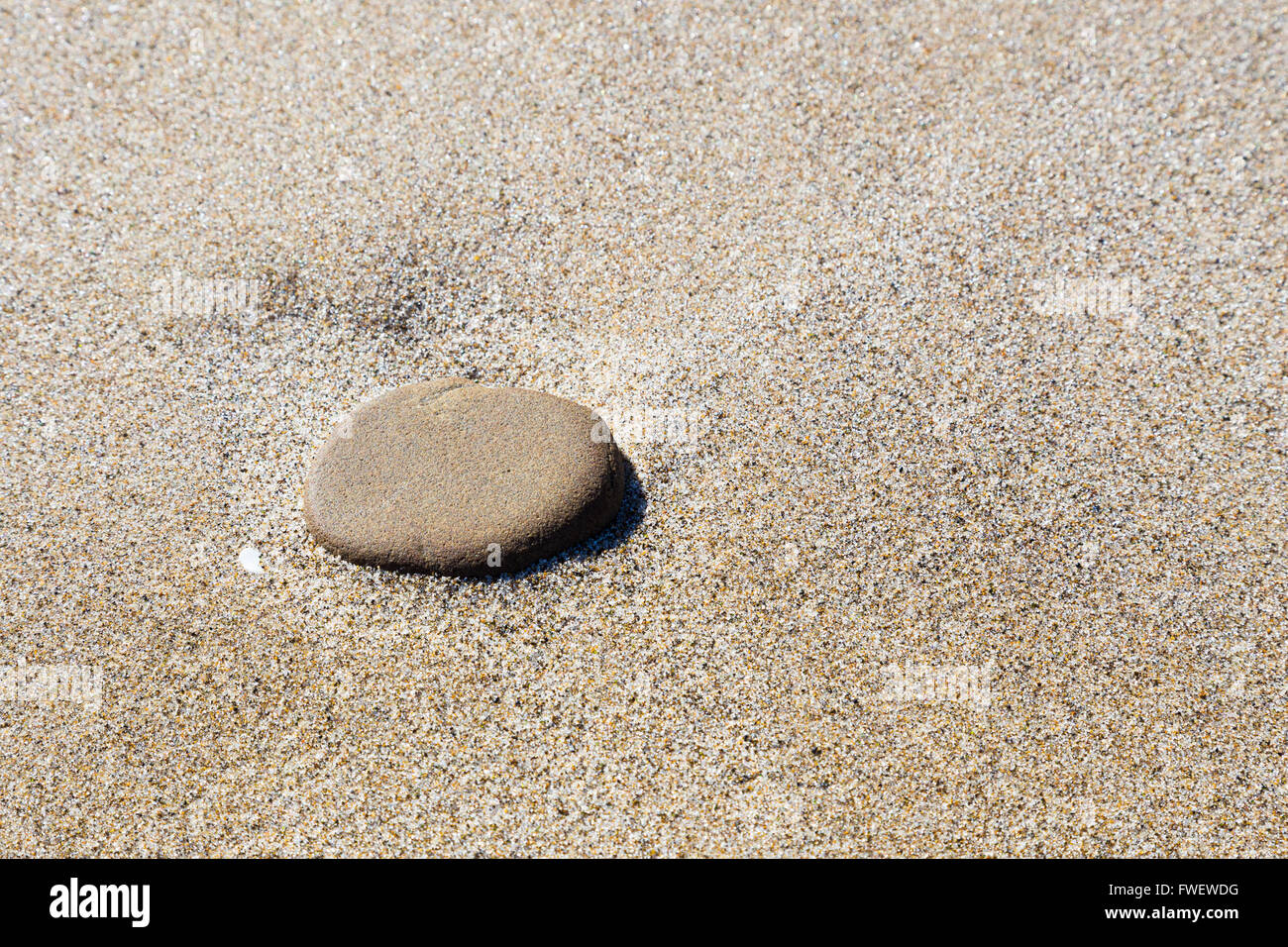 Ein großen Stein liegt am feinen Sand am Strand in Oregon entlang der Küste. Stockfoto