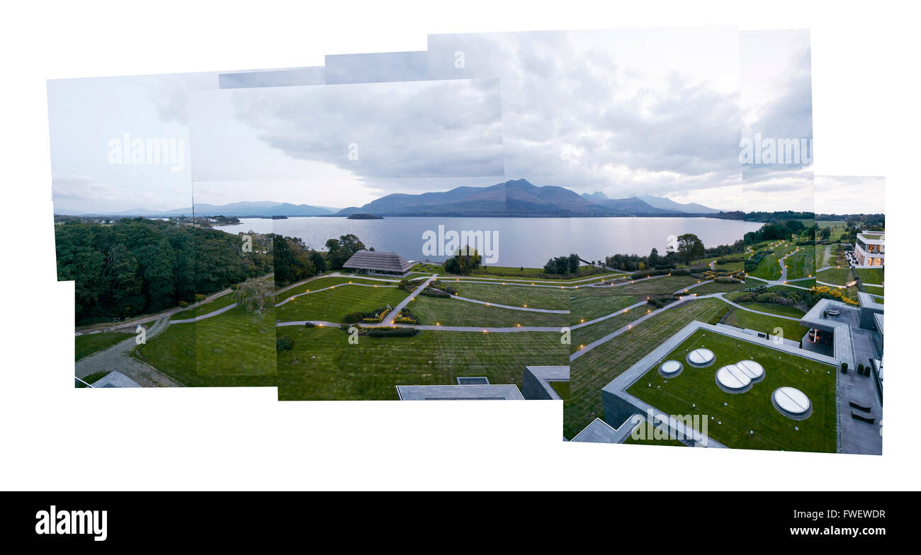 Collage von terrassenförmig angelegten und gepflegten Hotelpark mit See Leane. Das Europa Hotel, Killarney, Irland. Architekt: Gottstein, 2015. Stockfoto
