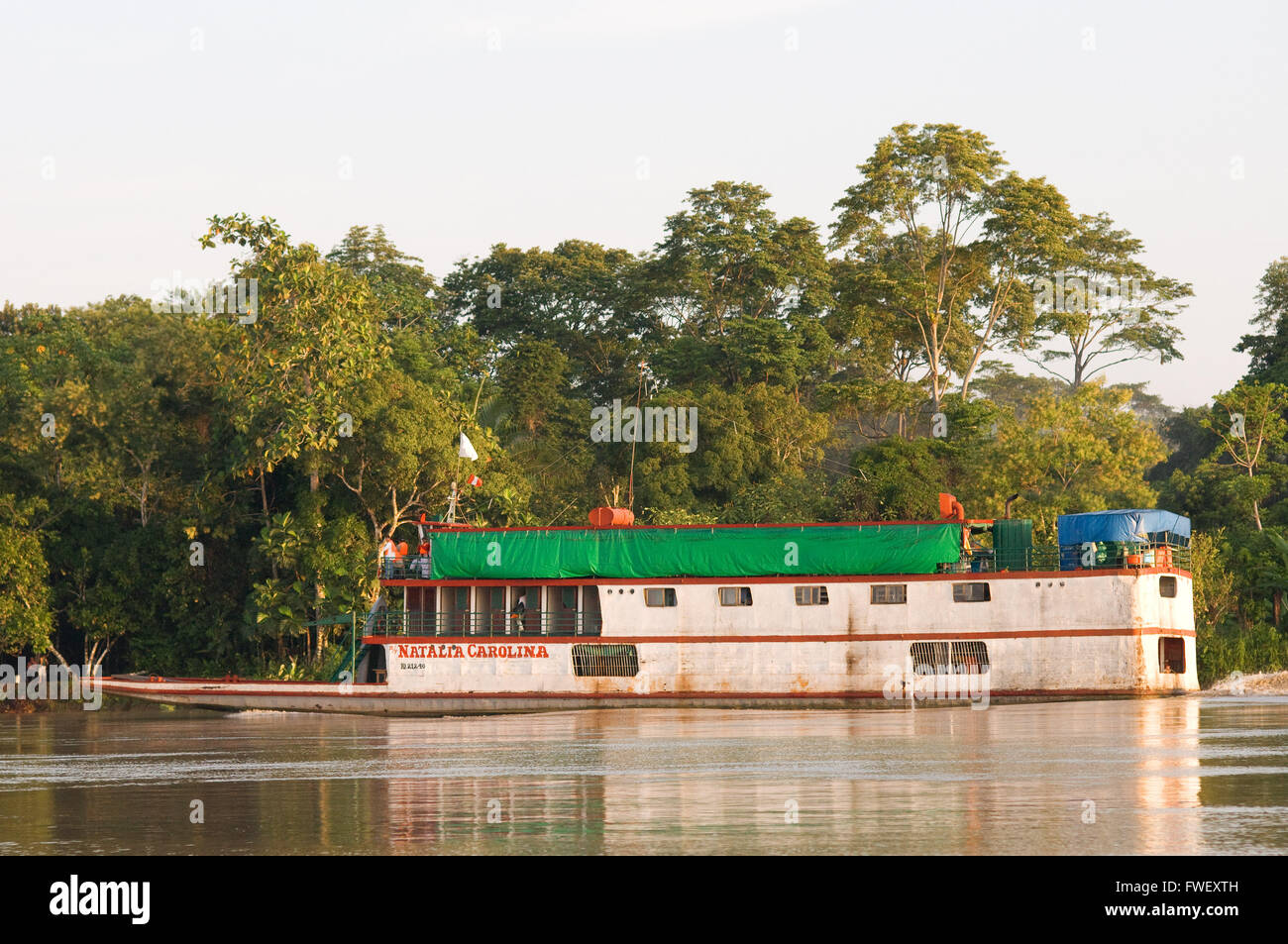 Amazonas-Regenwald: Expedition mit dem Boot entlang des Amazonas-Flusses in der Nähe von Iquitos, Loreto, Peru. Navigieren in einem der Nebenflüsse des th Stockfoto