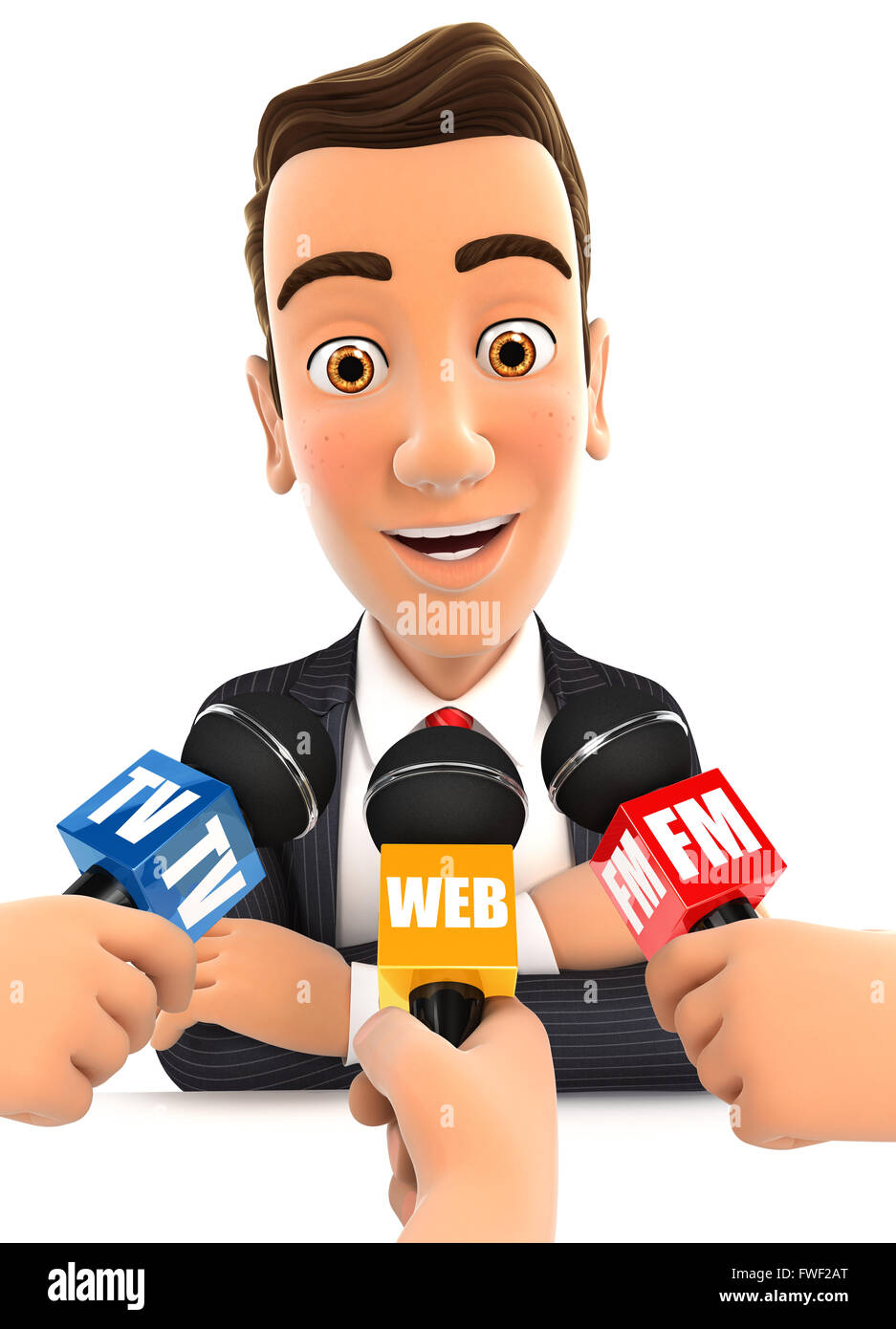 3D Geschäftsmann interviewt Medien, isolierten weißen Hintergrund Stockfoto