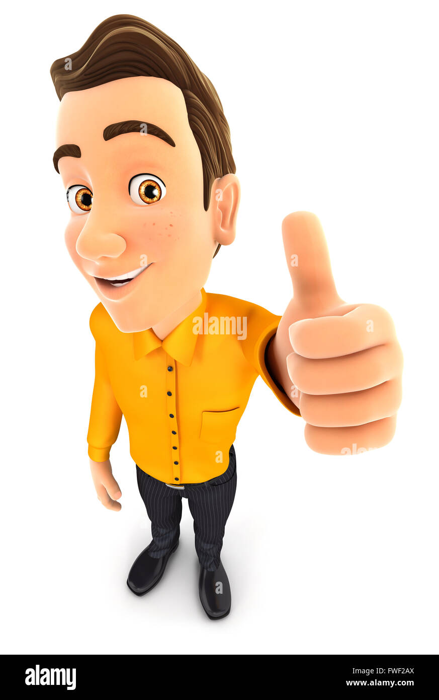 3D Mann positiv darstellen mit Daumen oben, isoliert, weißer Hintergrund Stockfoto