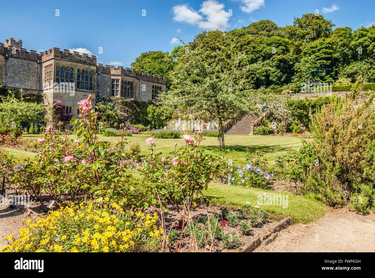 Rosengarten in der Norman Schloss Haddon Hall in der Nähe von Bakewell, Derbyshire, England Stockfoto