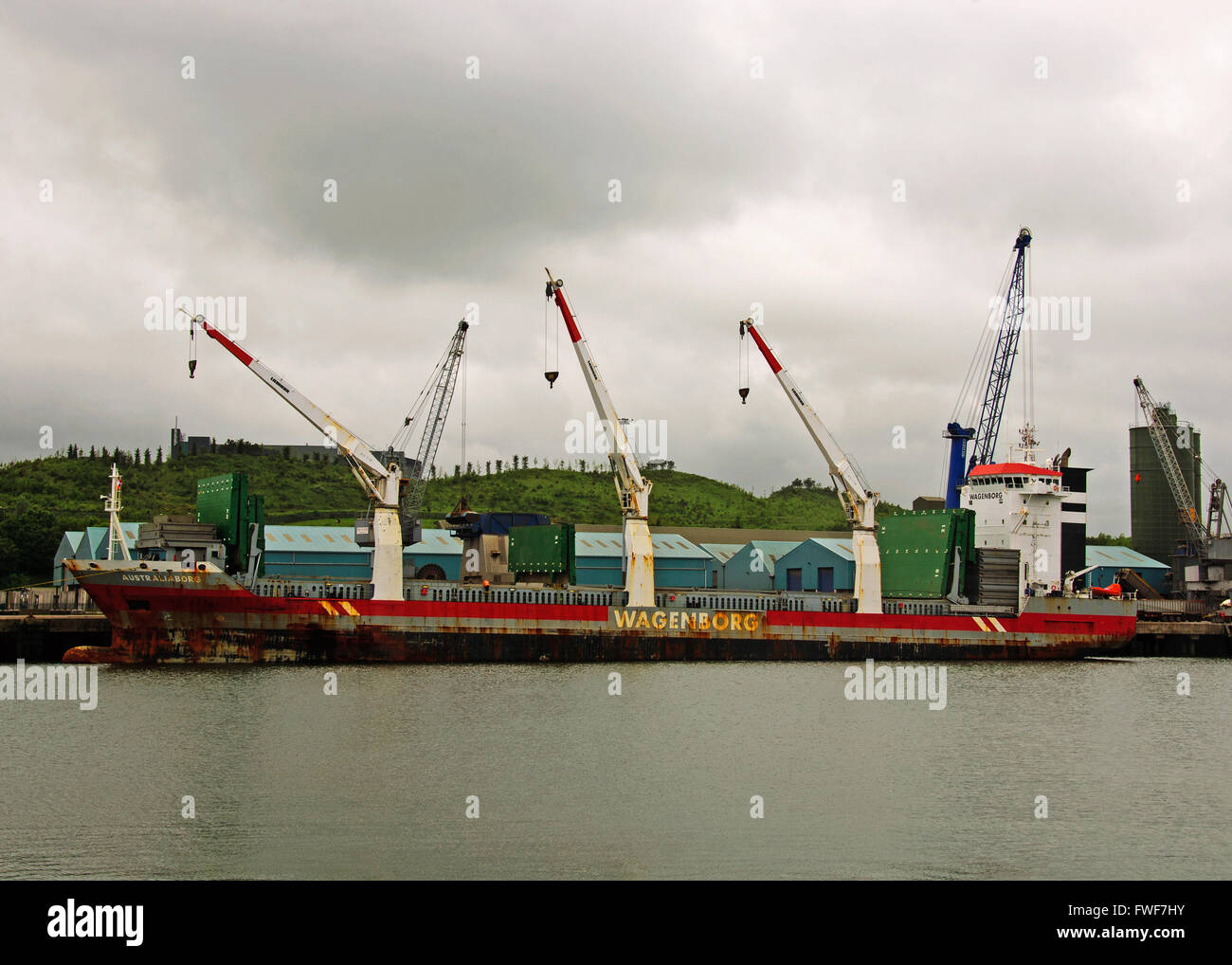 Allgemeine Frachtschiff Australiaborg Wohnmitgliedstaat am Produktionsstandort tiefen Wasser Liegeplatz, Co Cork, Irland. Stockfoto