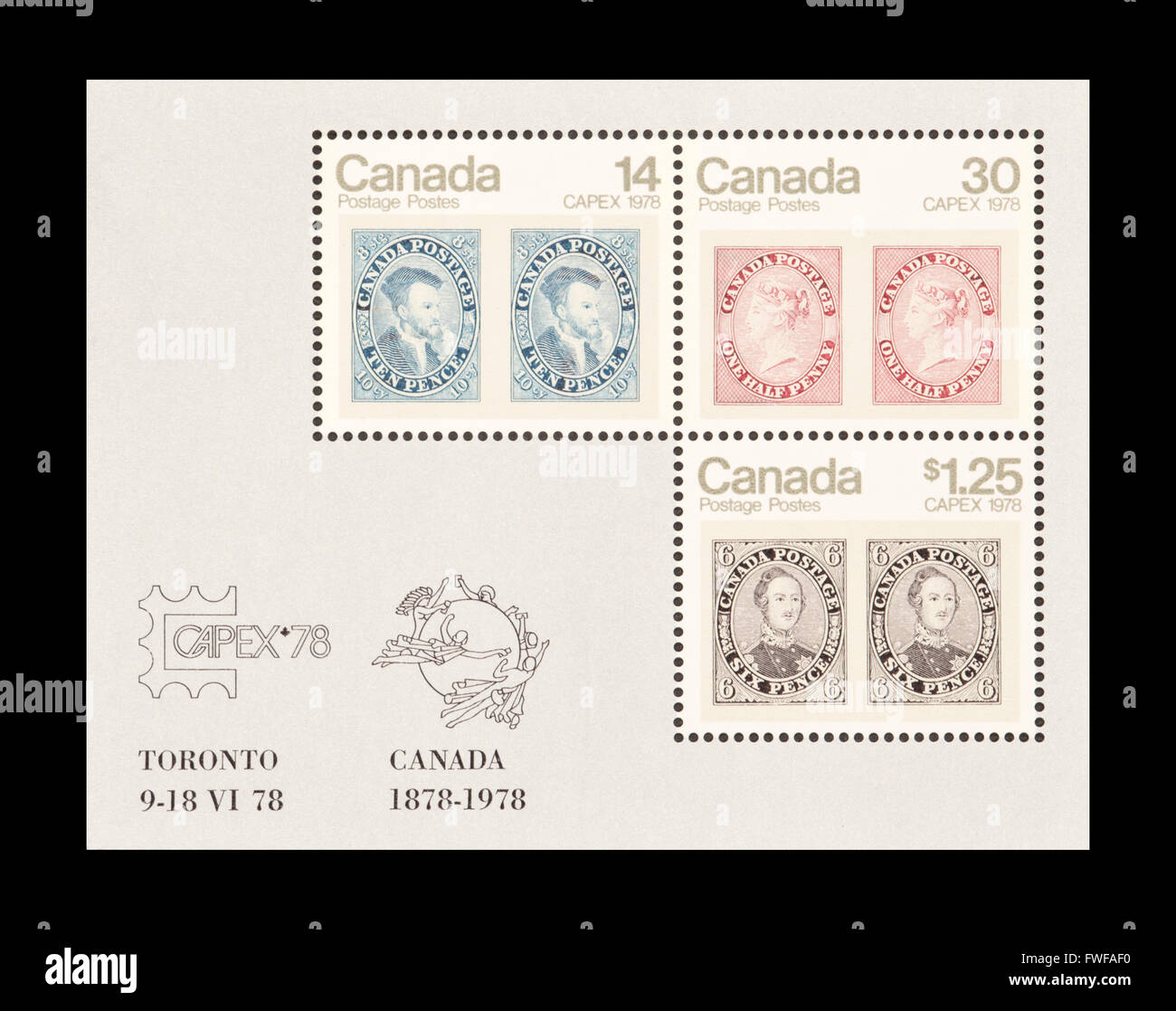 Sonderblock von Kanada zeigt frühe kanadische Briefmarken. Stockfoto