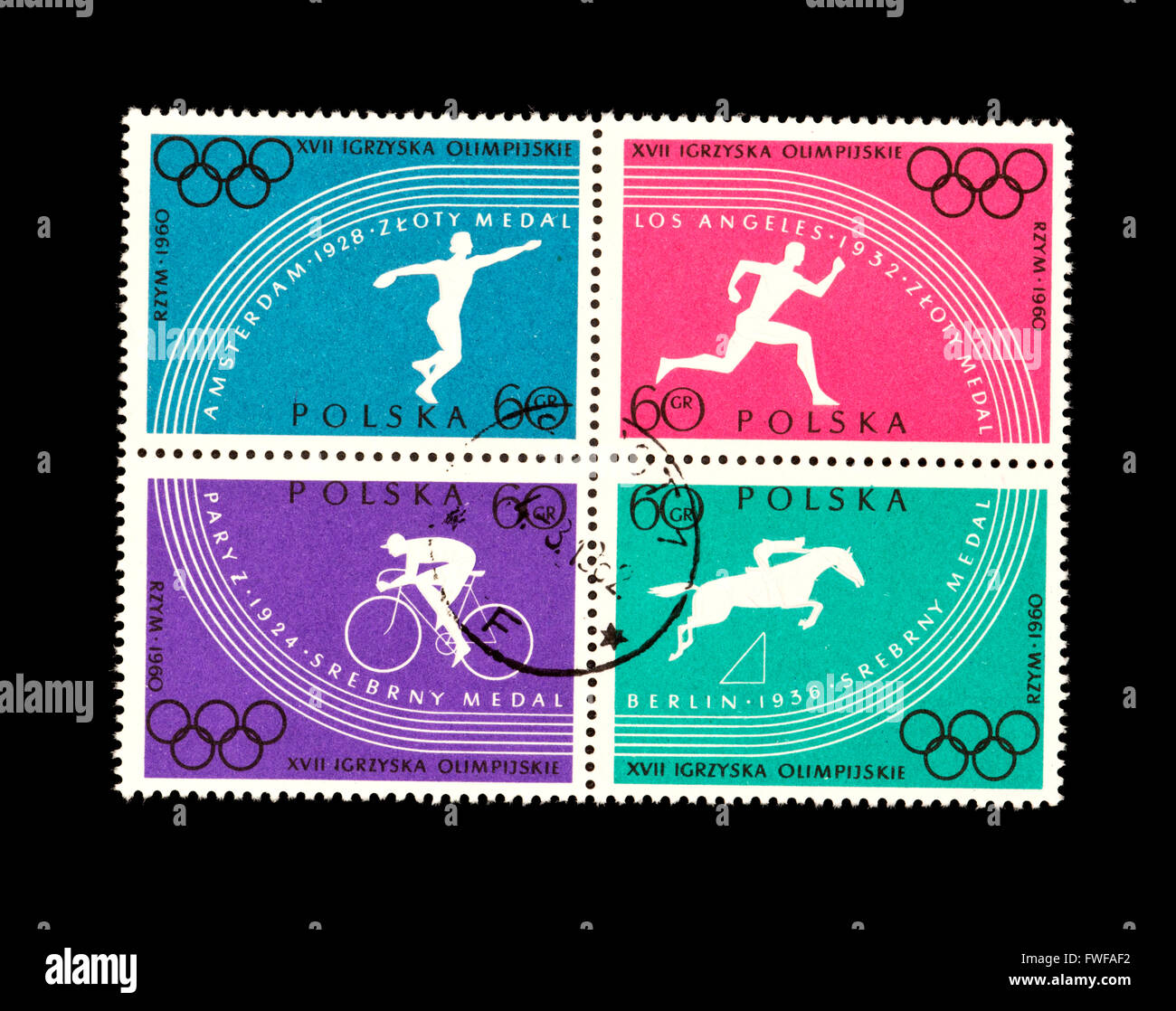 Block mit vier Briefmarken aus Polen, verschiedenen Olympische Sportarten, für die Sommerspiele 1960 Rom darstellen. Stockfoto