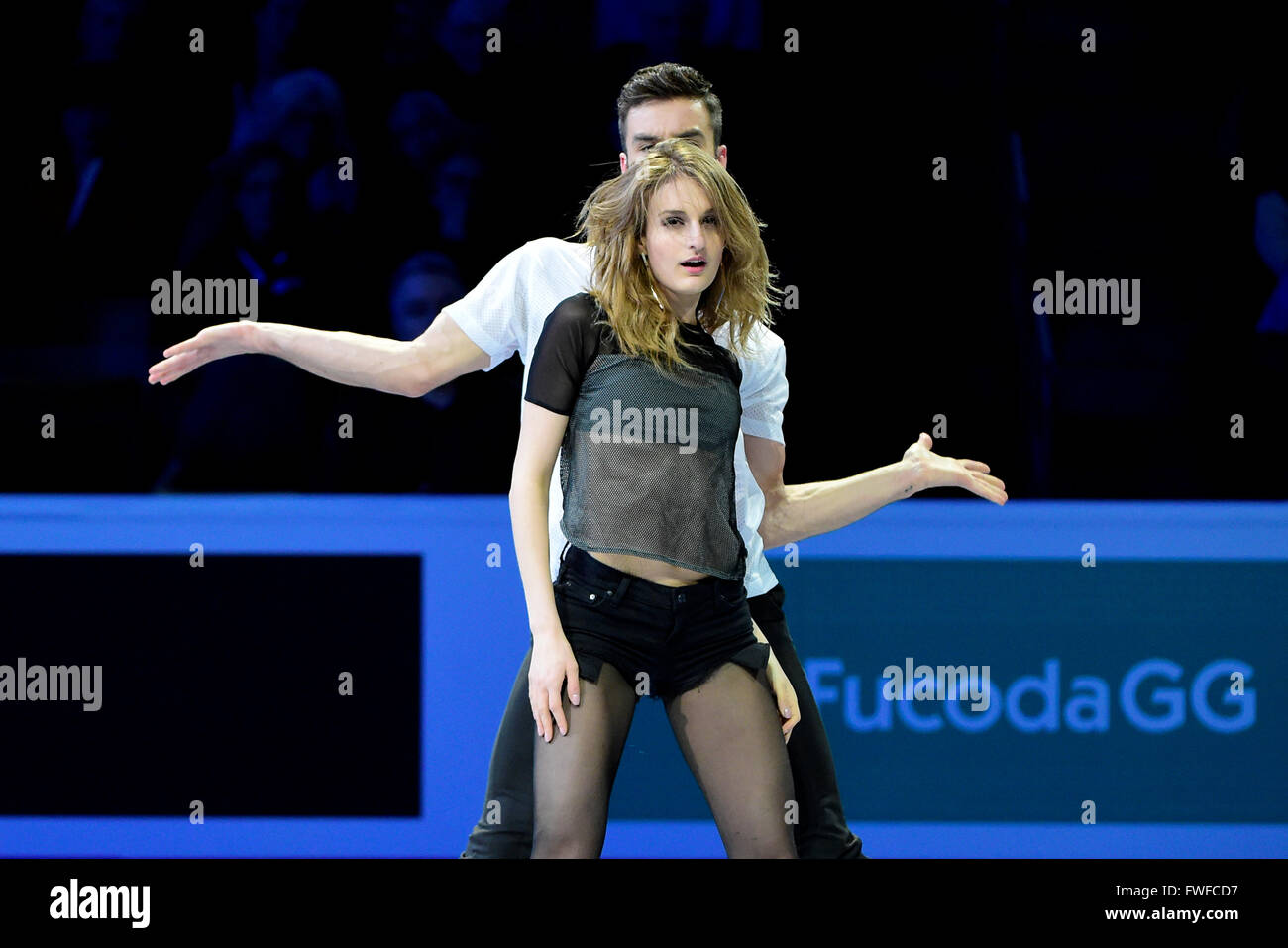 Sonntag, 3. April 2016: Gabriella Papadakis und Guillaume Cizeron (FRA) durchführen, bei der International Skating Union Champions Weltausstellung, statt im TD Garden, in Boston, Massachusetts.Eric Canha/CSM Stockfoto