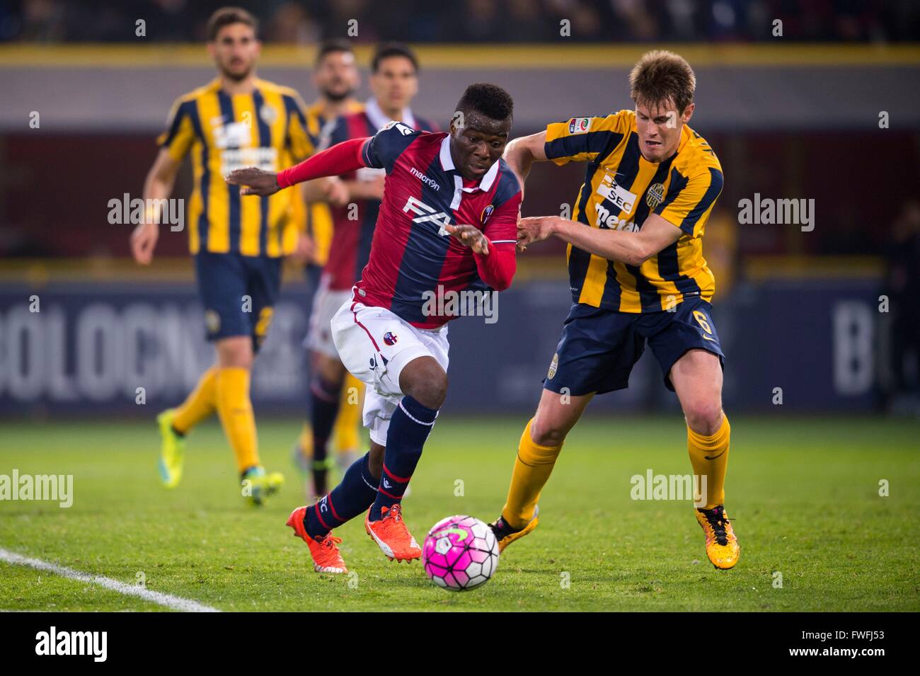 Bologna, Italien. 4. April 2016. Godfred Donsah (Bologna), Michelangelo Albertazzi (Hellas) Fußball: Italienische "Serie A" match zwischen Bologna FC 0: 1 Hellas Verona im Stadio Renato Dall'Ara in Bologna, Italien. © Maurizio Borsari/AFLO/Alamy Live-Nachrichten Stockfoto