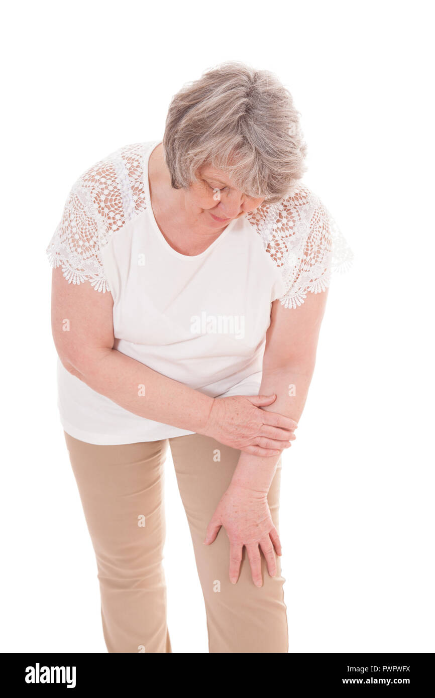 Ältere Frau leidet an Arthrose. Alle auf weißem Hintergrund Stockfoto