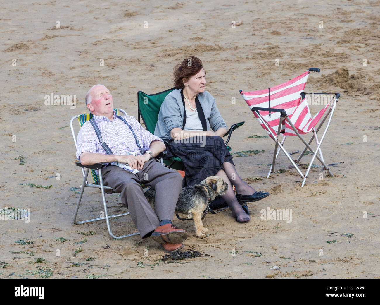 Älteres Ehepaar mit Hund am Strand. Mann schläft. England, UK Stockfoto