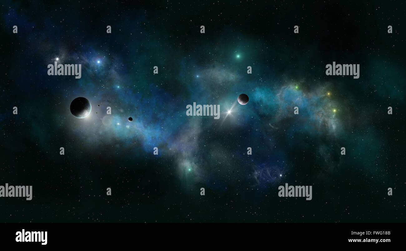 imaginäre Weltraum Nebel Hintergrund mit Planeten und Sternen Stockfoto