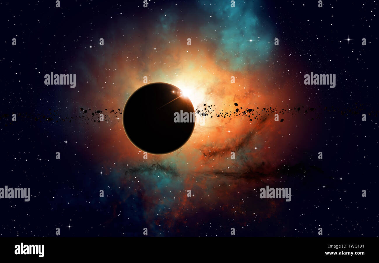imaginäre Weltraum Eclipse Nebel mit Sternen und Asteroiden Stockfoto