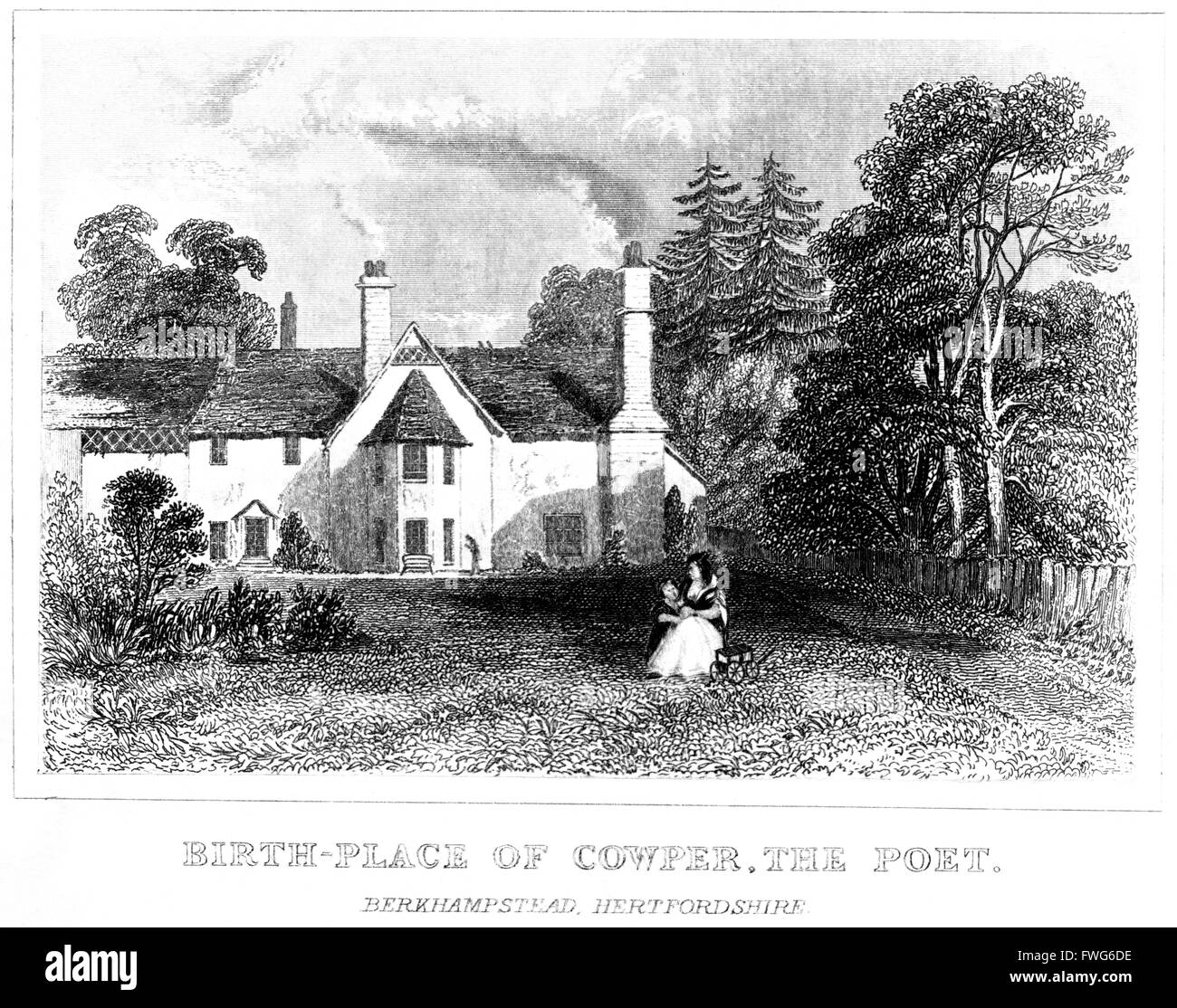 Gravur des Geburtshauses von Cowper, der Dichter. Berkhamstead, Hertfordshire an hochauflösenden aus einem Buch gedruckt um 1845 gescannt Stockfoto