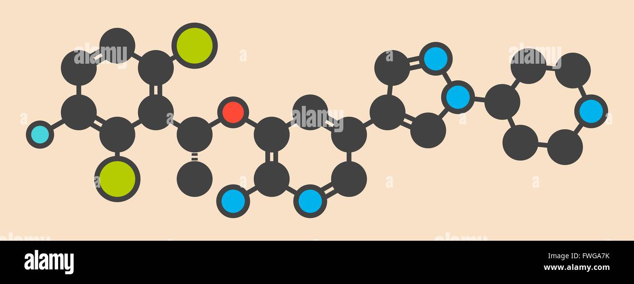 Crizotinib Anti-Krebs-Medikament Molekül Inhibitor von ALK und ROS1 Proteine stilisierte Skelettformel (chemische Struktur) Atome Stockfoto