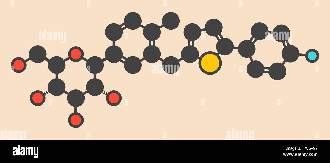 Canagliflozin Diabetes Medikament Molekül SGLT2 Inhibitor verwendet in der Behandlung des Typ II Diabetes stilisierte Skelettformel (chemische Stockfoto