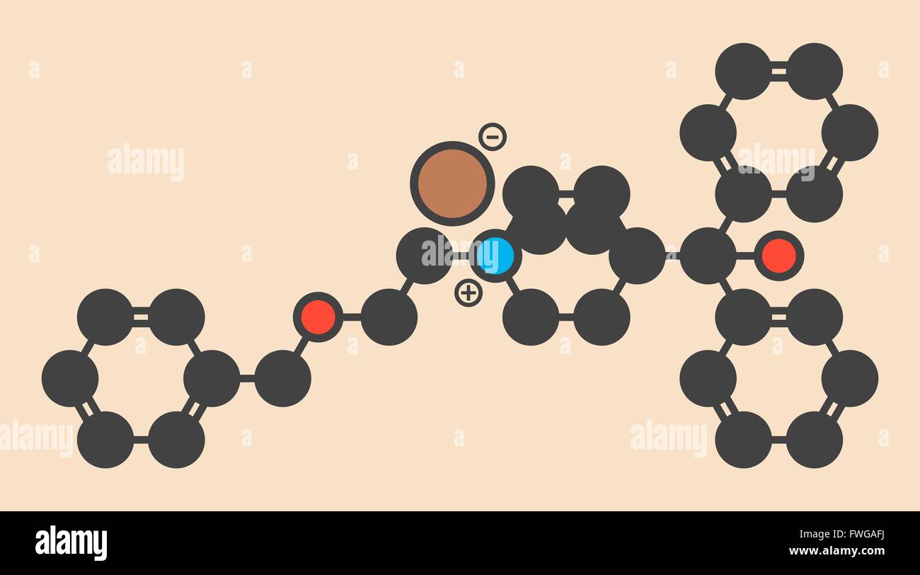 Umeclidinium Bromid COPD Wirkstoffmolekül stilisierte Skelettformel (chemische Struktur) sind Atome als farbcodierte Kreise dargestellt: Stockfoto