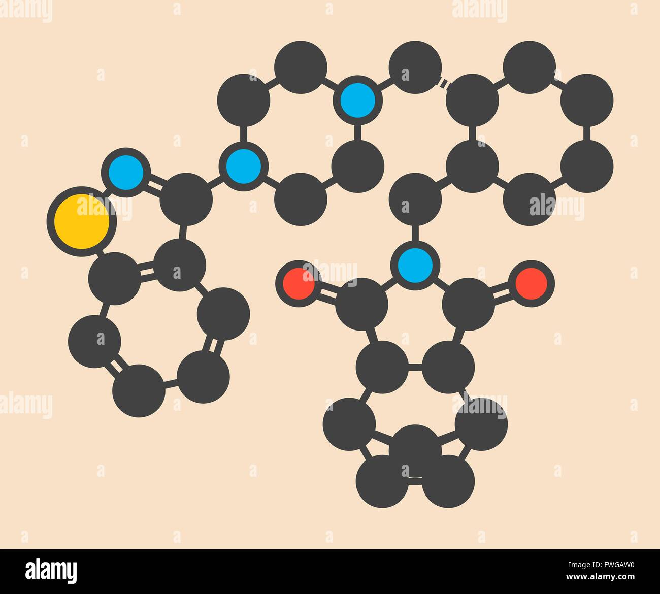 Lurasidon atypischen antipsychotischen Medikamenten-Molekül, das stilisierte Skelettformel (chemische Struktur) Atome als dargestellt sind farblich gekennzeichnet Stockfoto
