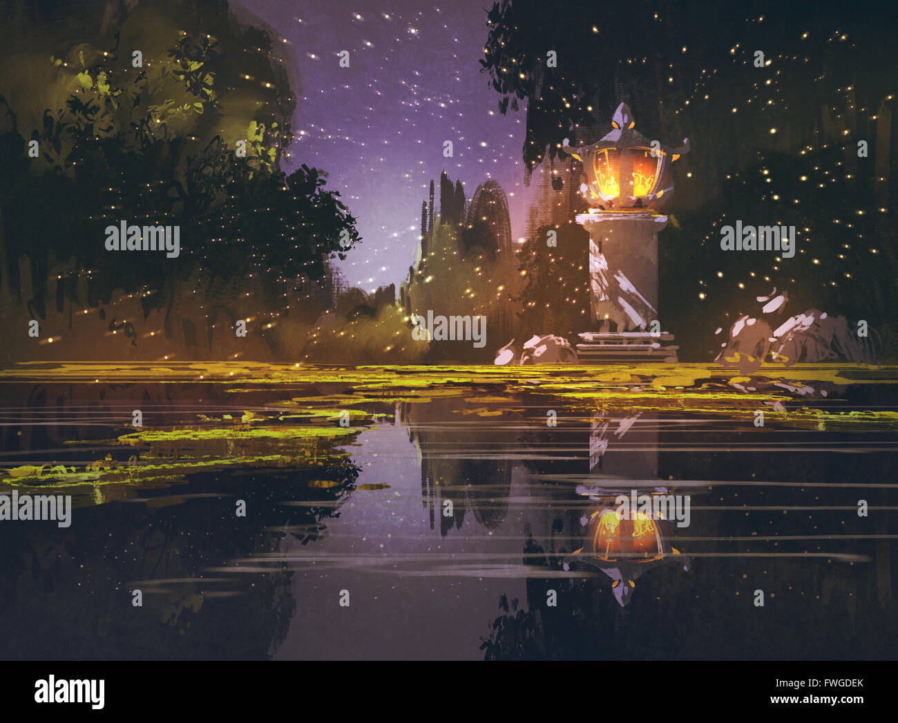 Nacht-Landschaft mit Steinlaterne, Illustration, Malerei Stockfoto