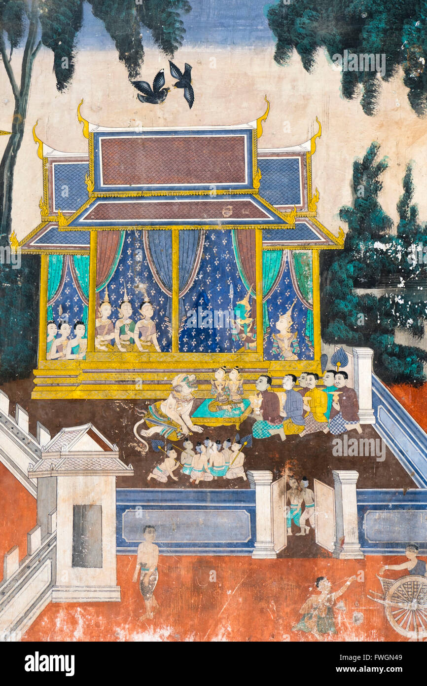Detail aus dem Reamker Wandmalereien (Khmer Version des Ramayana), Königspalast, Phnom Penh, Kambodscha, Südost-Asien Stockfoto