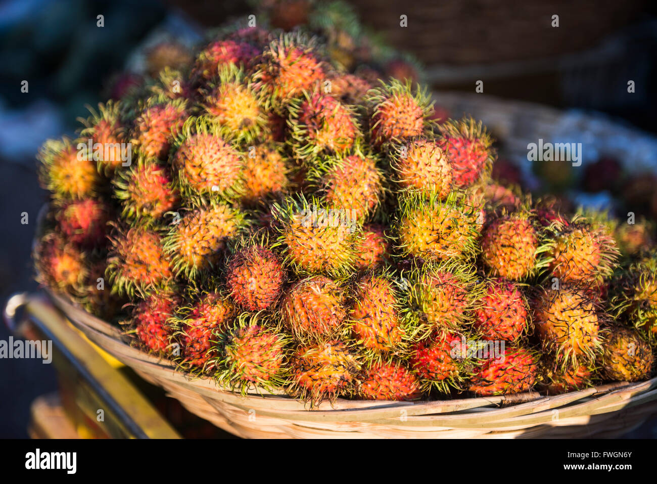 Rambutan, Mawlamyine Markt, Mon State, Myanmar (Burma), Asien Stockfoto