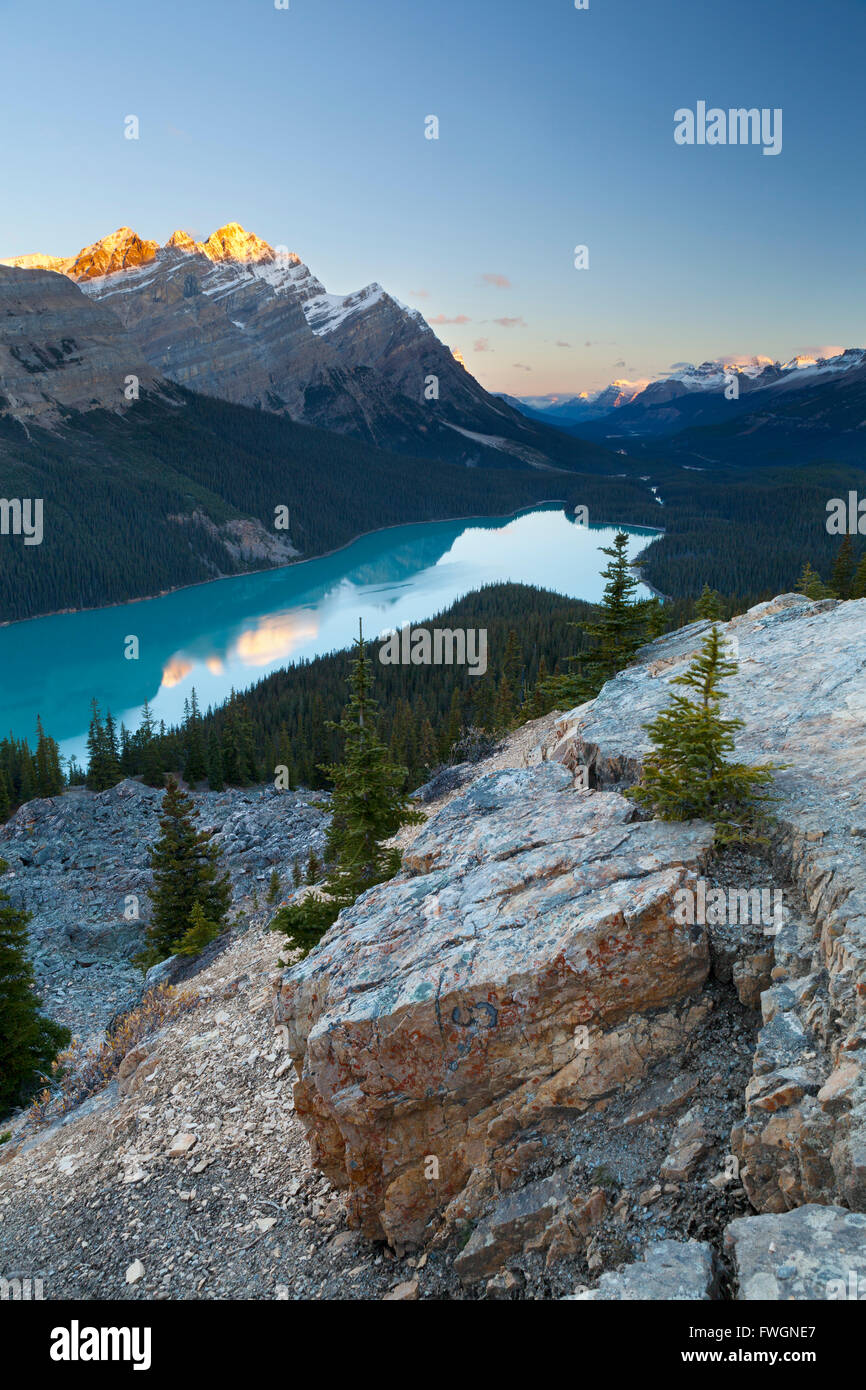 Peyto Lake bei Sonnenaufgang, Banff National Park, UNESCO-Weltkulturerbe, Rocky Mountains, Alberta, Kanada, Nordamerika Stockfoto